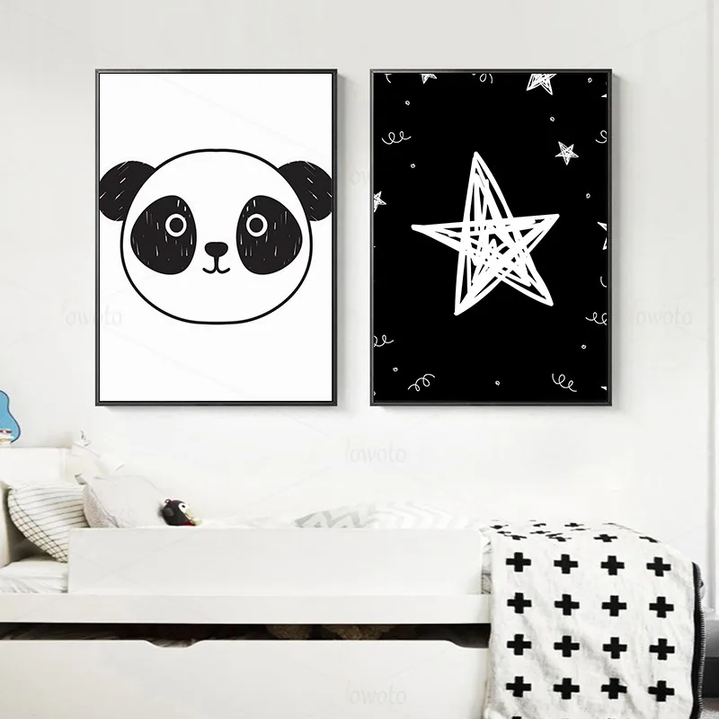 Картины на холсте маленькая панда в спальне черно белые звезды сердце