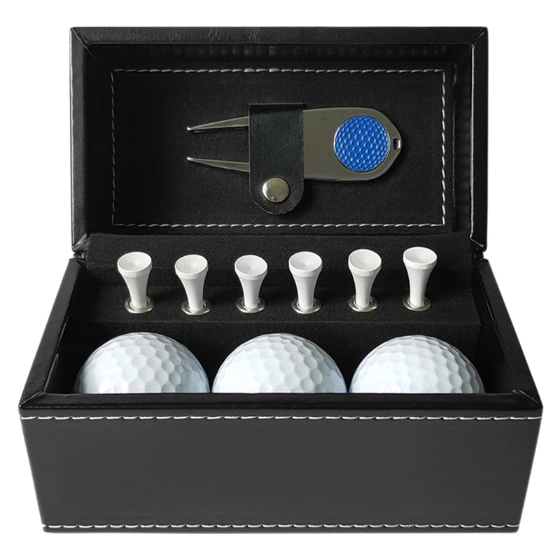 

New-10 PCS With 6 Golf Tees 3 Golf Balls Divot Repair Tool Leather Box Set