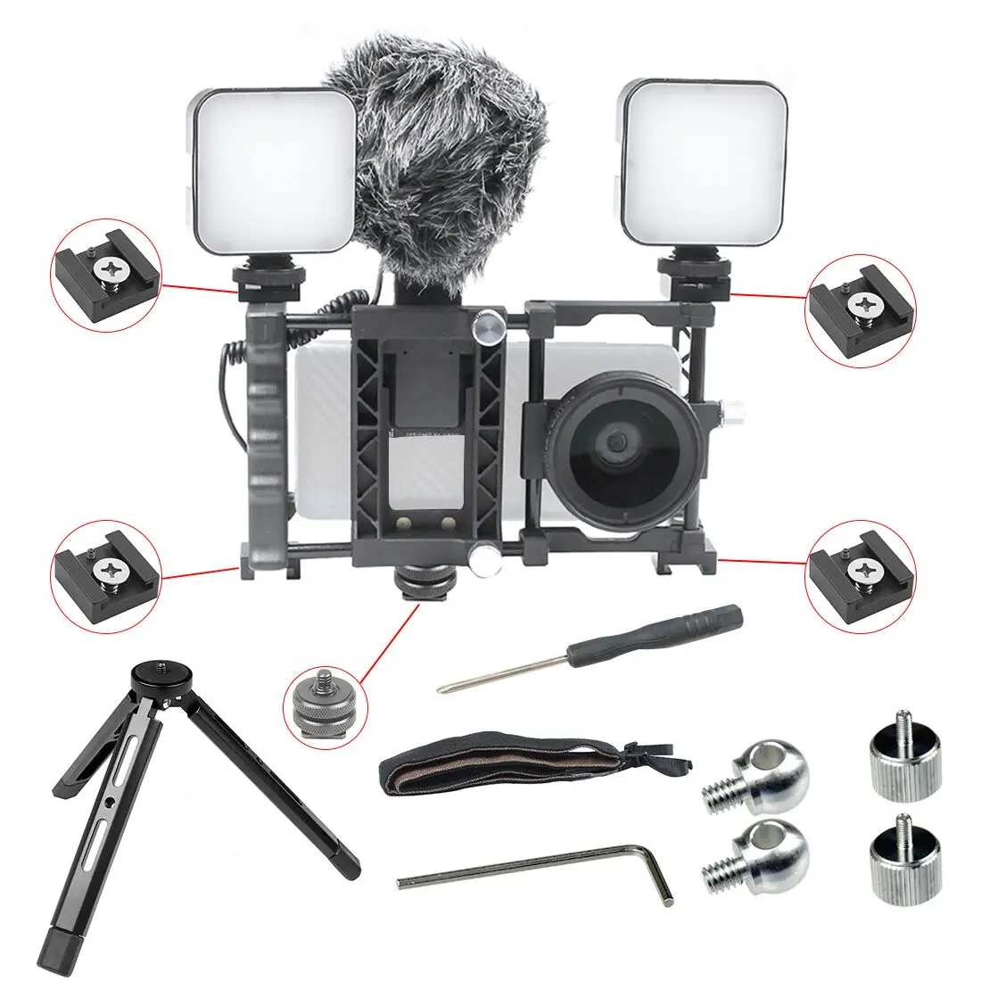 

Handheld Tripod Stabilizer Smartphone Vlog Living Stream Kit Wide Angle & Macro HD Camera Lens Microphone LED Light Rig Bracket