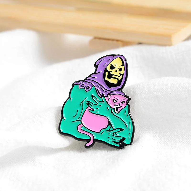 

QIHE JEWELRY Skeleton man holding a cat Enamel Lapel Pins Halloween Brooches Badges Fashion Pins Gifts for Friends Wholesale