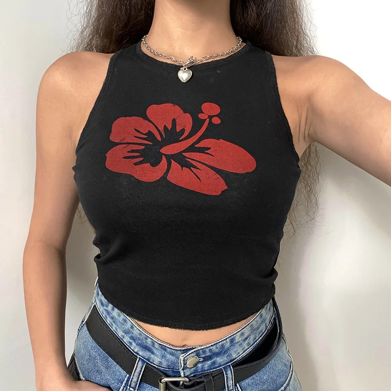 

MIOJIOTAXX 2021 Summer Novelty Floral Print Basic Crew Neck Simple Contrast Slim Sleeveless Vest Korean Tank Top Y2k Tops
