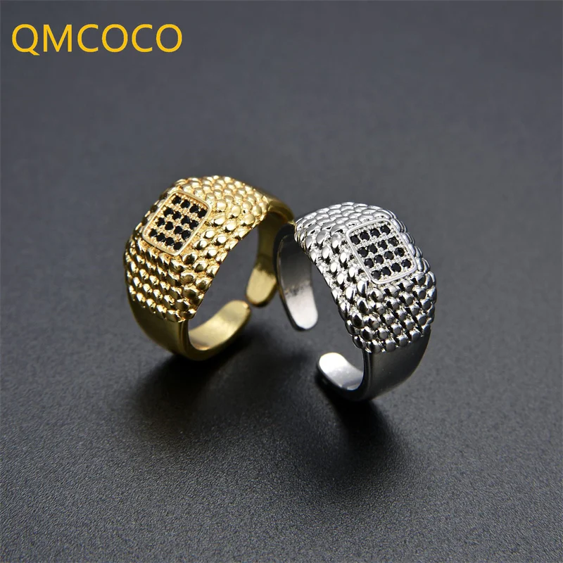 

QMCOCO 925 Silver Trend INS Style Light Luxury Square Black Zircon Vintage Wide Ring Opening Adjustable Woman Fine Jewelry
