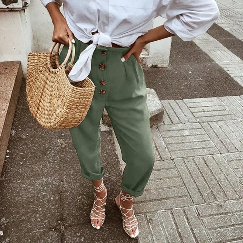 

Cotton Linen High Waist Women Trouser Solid Pleated Button Female Casual Harem Pants 2021 Spring Summer Ladies Long Trousers New