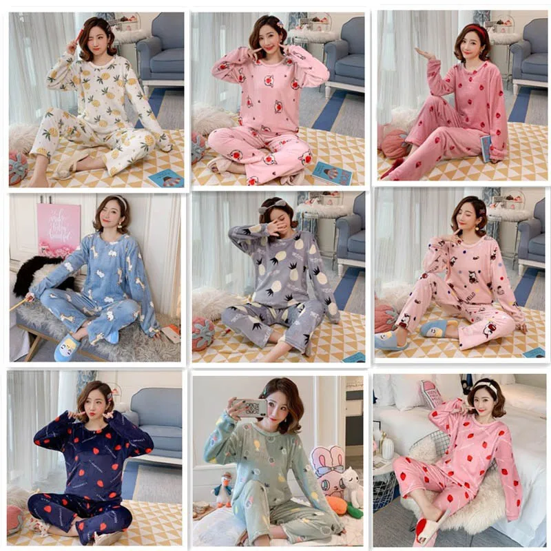 

Cartoon Pajamas Set Women Warm Autumn Winter Thick Pyjamas Mujer Flannel Home Clothes Sleepwear 2Piece/Set Pyjamas Set Nightwear