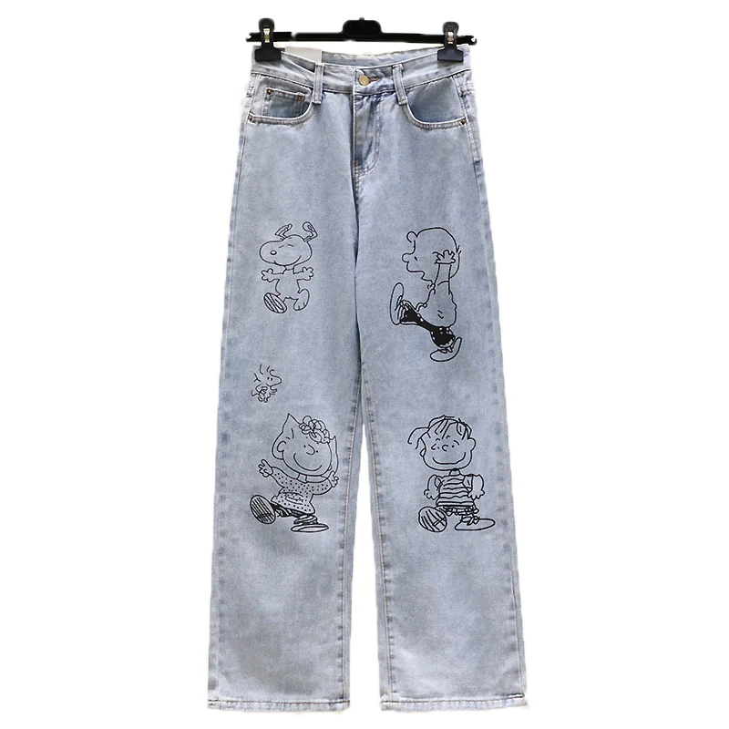 

Spring New Women High Waist Jeans Vintage Washed High Street Cartoon Graffiti Straight Leg Pants Harajuku Wide Leg Pants 90023#