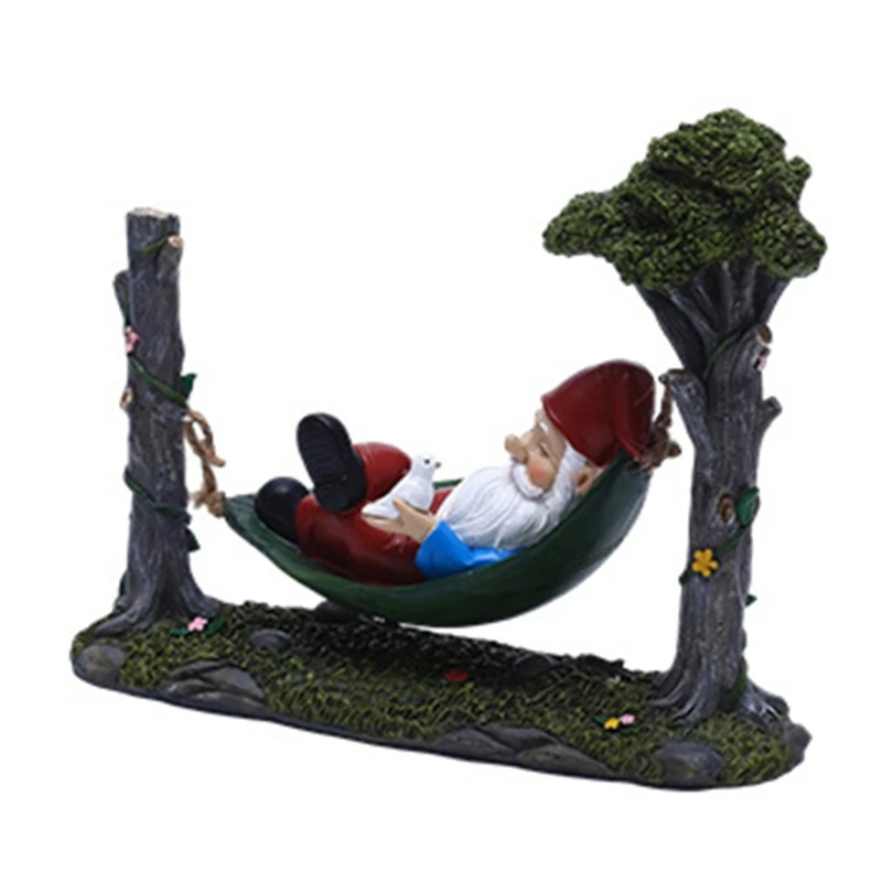 

Gnome Laying on Hammock Garden Statue Ornament Cute Cartoon Sculpture Creative Outdoor Garden Decor Art Crafts Home