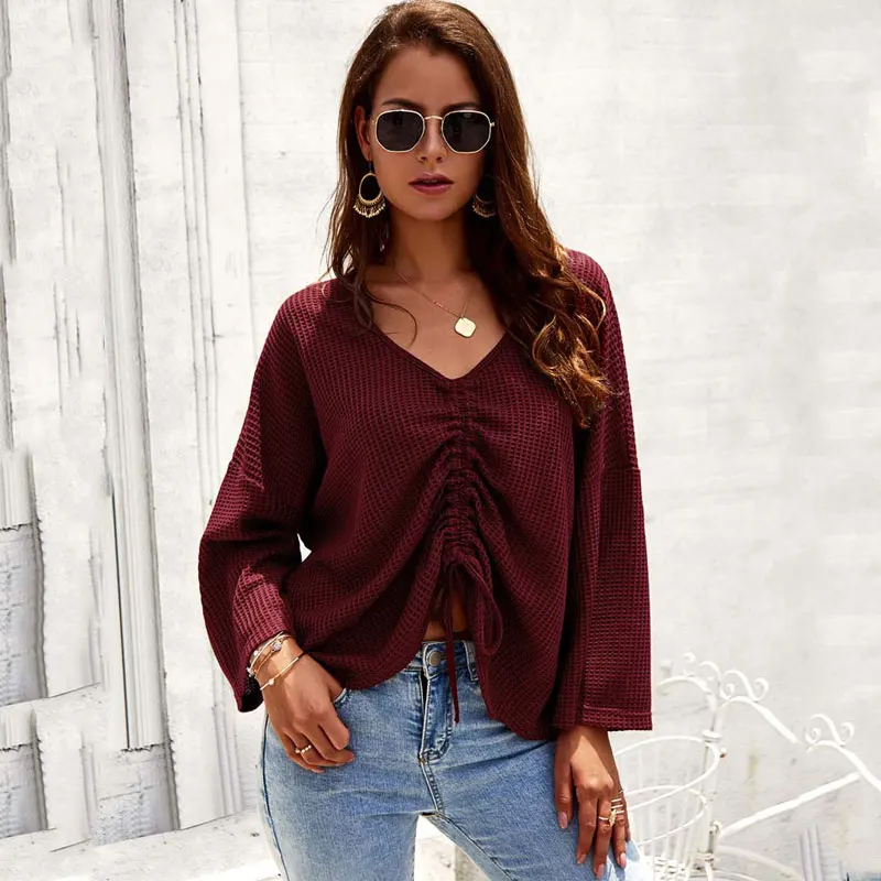 Женский свитер с v-образным вырезом свободный длинным рукавом вязаный для осени