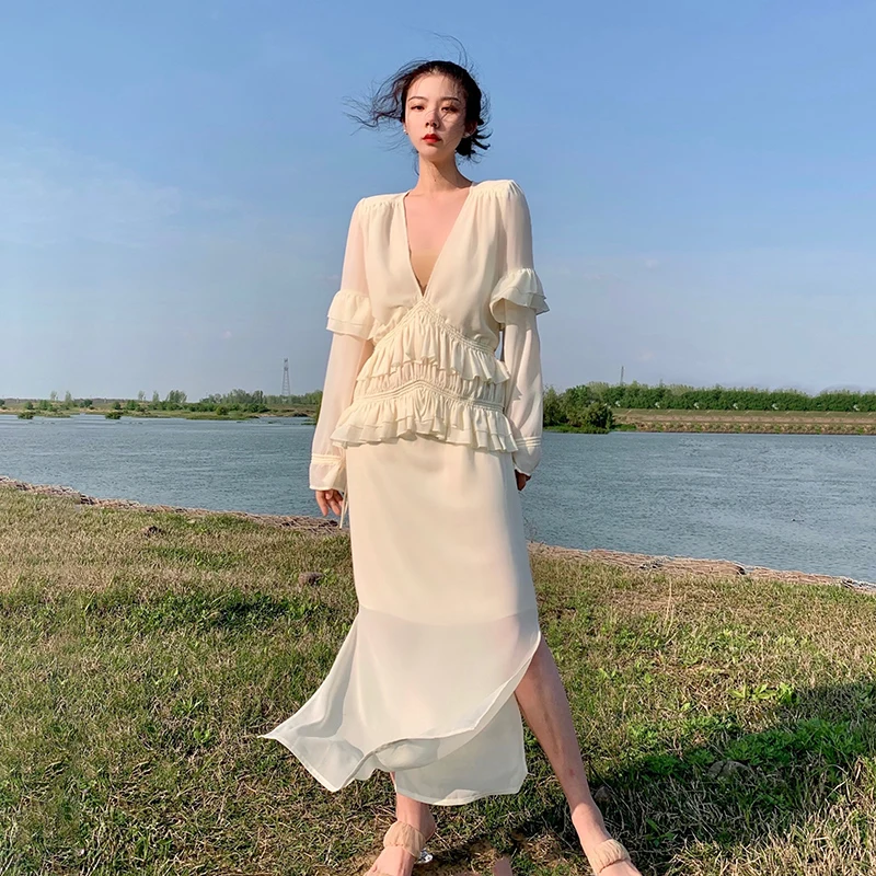 

XITAO Ruffle Split Dress Fashion New Women Perspective Small Fresh Casual Style 2021 Summer Minority Loose White Dress LDD1767