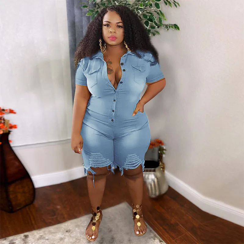 

Plus Size Clothing Jeans Jumpsuits Women L-5XL Short Sleeve Bodysuit Ripped Denim Shorts Jumpsuits Wholesale Dropshipping
