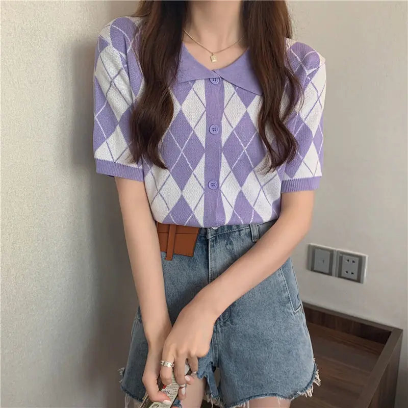 

Women Vintage Turn Down Collar Short Sleeve Geometry Diamond Plaid Knitted Sweater Cardigan Summer Check Knitwear Top For Female