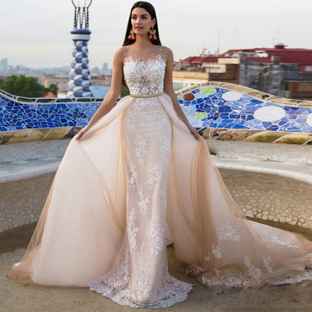 

Detachable Wedding Dresses Sheath Tulle Appliques Lace Champagne Dubai Arabic Wedding Gown Bridal Dress Vestido De Noiva