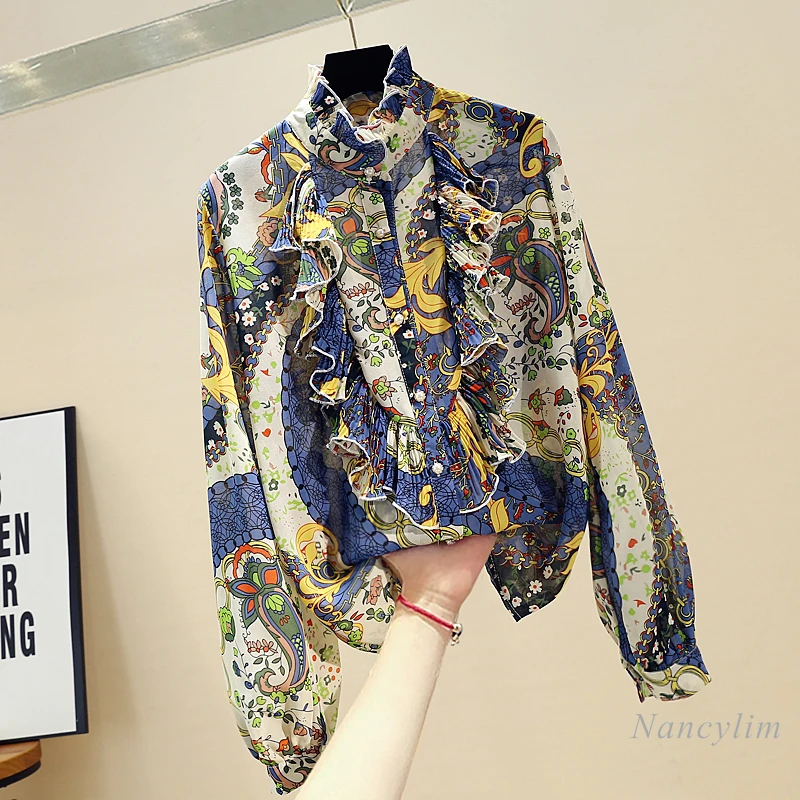 

2020 Autumn New Retro Stand-up Collar Pleated Ruffled Floral Chiffon Shirt Women's Long Sleeve Blouse Tops