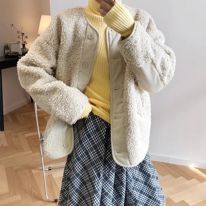 

2020 Short Lamb Wool Jackets Womens Thicken Warm Round Collar Long Sleeve Short Coats Autumn Winter Casual Loose Femme Veste