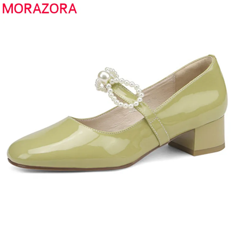 

MORAZORA 2022 Plus Size 40 Pearl Single Shoes Women Pumps Square Toe Bowknot Spring High Heels Genuine Leather Shoes Ladies