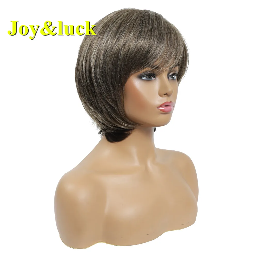Joy&ampluck Short Wig Brown Mix Blonde Synthetic Wigs for Women Straight Full With Bangs Hair Fashion Style |