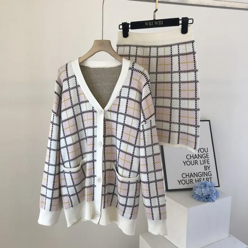 

Small Fragrance Vintage Knitted Two Piece Set Women Sweater Cardigan Coat + Mini Skirts Sets Fashion Casual Plaid 2 Piece Suits