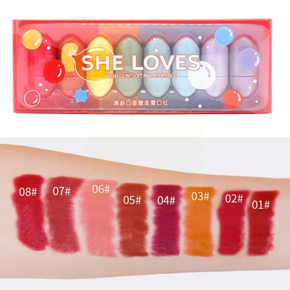 

8 цветов милый набор мини-помады матовая бархатная Капсульная помада длинный подарок цветная помада водостойкая легкая Косметика стойкая ...