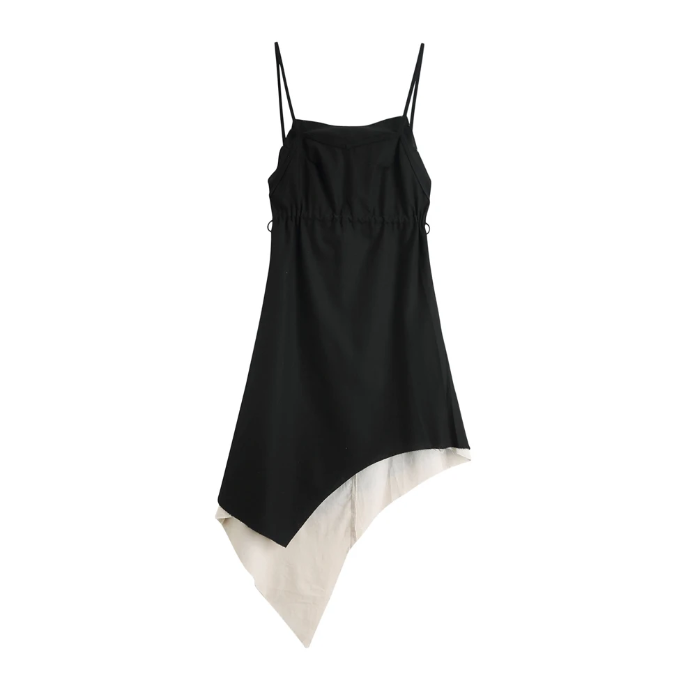

Summer Black Dress Sexy V-Neck Shoulder Strap Backless Waist Bandage Slim Irregular False Two Pieces Dress