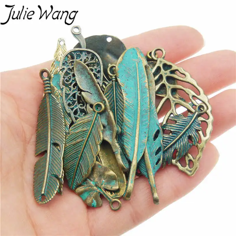 Julie Wang 14pcs Leaves Feather Charms Alloy Antique Bronze Random Mixed Pendants Necklace Findings Jewelry Making Accessories