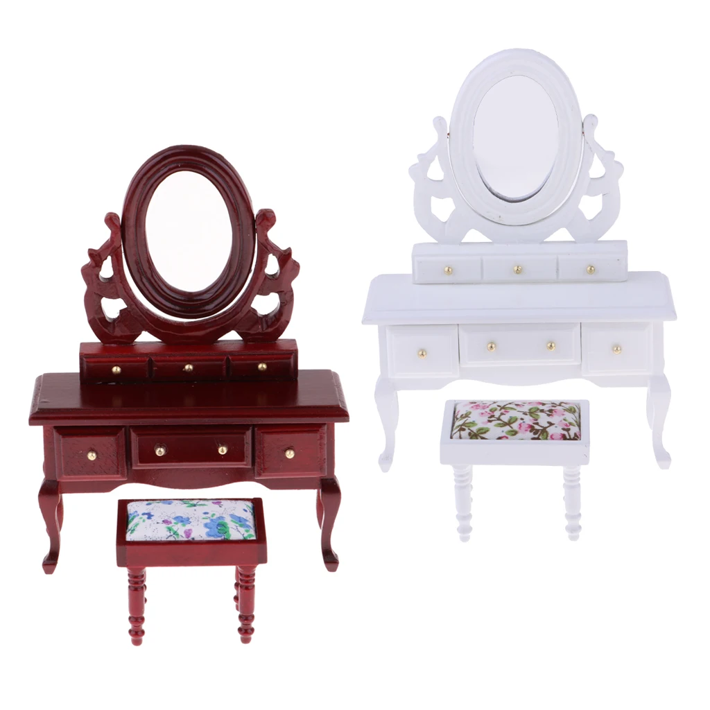 

1:12 Redwood Dressing Table Dresser Stool Set Dollhouse Bedroom Furniture Decoration