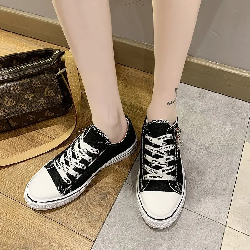 

2021 New Fashion Women's Shoes Casual Black Sneakers Breathable Walking Canvas Shoes Women Lace Up Lightweight Vulcanize Shoes