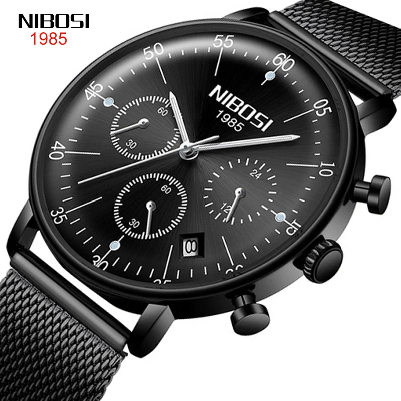 

NIBOSI Top Luxury Brand Quartz Watch Men Black Casual Stainless Steel Mesh Strap Chronograph Luminous Waterproof Clock Male 2331