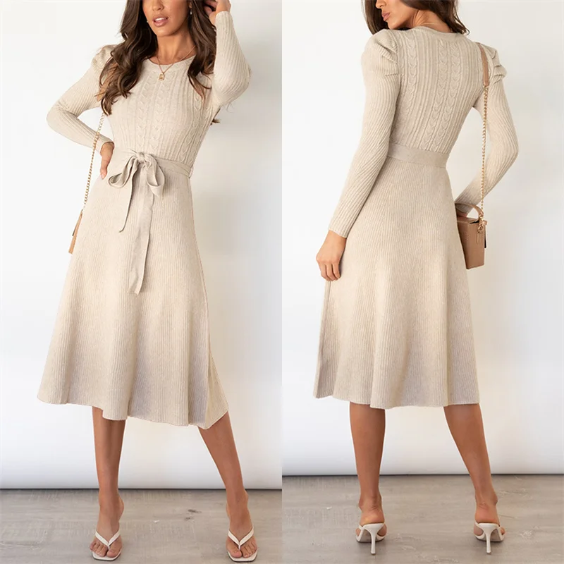 

Women's Autumn Winter Casual Knitted Sweater Dress Long Sleeve Round Neck Belt Tie Waist Ribbed Bodycon A-line Midi Dresses