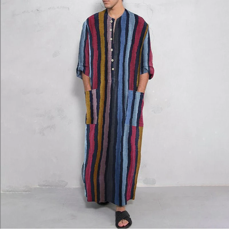 MD Muslim Fashion Mens Shirt Striped Print Robes Homewear Jubba Thobe Abaya Dubai Arabic Caftan Pakistan Vetement Homme Djellaba