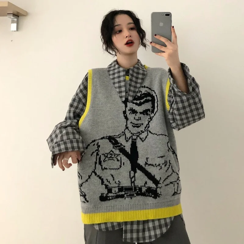 Vintage Cartoon Printed Knitted Sweater Vest Casual Sleeveless Loose Pullover Tank Tops Female Oversized Pullovers Femme