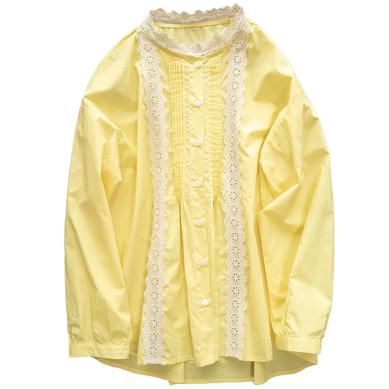 

Lamtrip Unique Ruffled Collar Sweet French Style Mirror Lace Stitch Long Sleeve Shirt Cotton Blouse 2021 Spring