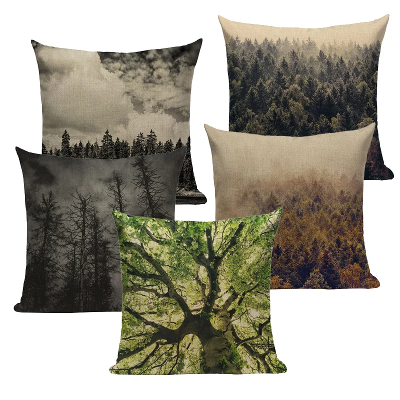 

Tree Wood Mountain Clouds Winter Moonlight Cushion Cover Linen Cotton Pillow Case Square Sofa decor Home textile product Custom
