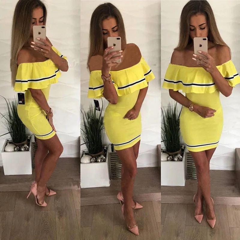 

Off Shoulder Slash Neck Sexy Autumn Party Dress Striped Ruffles Short Sleeve Summer Dress Women Plus Size Casual Beach Vestidos