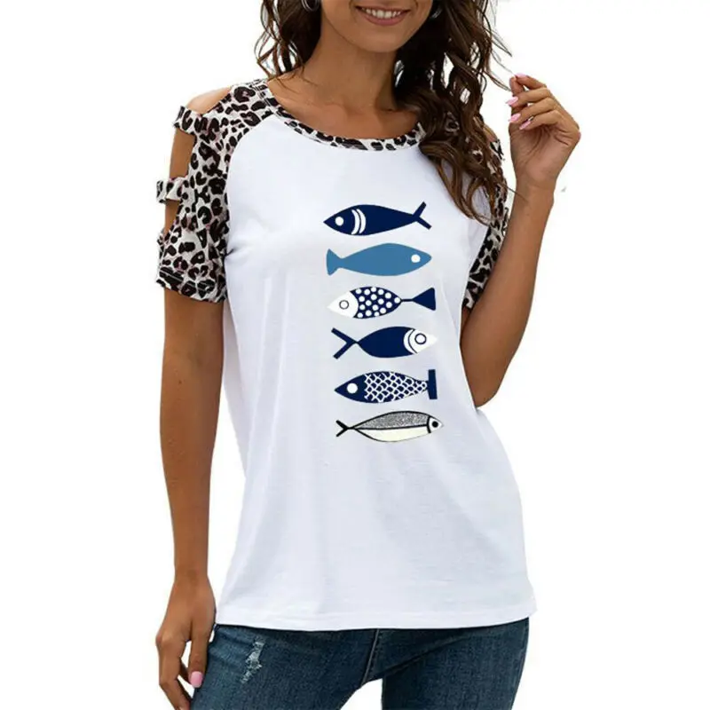 

Hollow Short Sleeve t Shirt Female Patchwork Fish Leopard Print T Shirt Tops Ladies Casual t Shirt Womens Clothes