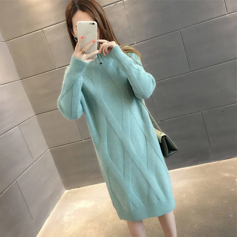 

Women's Sweater Fashion 2020 Winter New High Collar Sweater Female Loose Thick Long Paragraph Bottoming Knit Sweater Dress