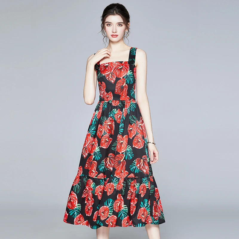 

Runway Floral Print Sweet Spaghetti Strap Midi Dress 2021 Summer Women's Vintage Sleeveless Dress Beach Boho Sundresss