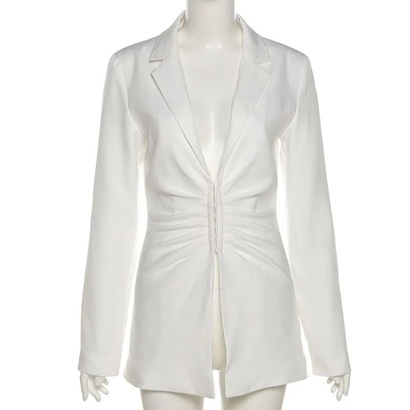 

Early Autumn Blazer Top Jacket V-Neck Long-Sleeve White Coat Classy Wide Waist Slim Design for Women Office Workers Casual Wear