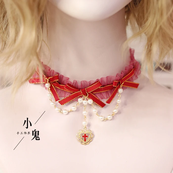 

Handmade New Year's KC Head band Hair Accessories Dark Red Hairpin Gothic Lolita Bow Side Clip Choker Necklace Hair band