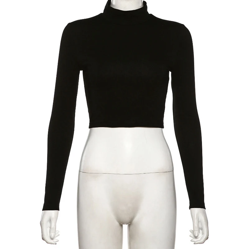 

Women Crop Top Cross Straps Backless Half High Collar Long Sleeve T-shirt Clubwear Sexy Solid Color Women 2021 Summer T-shirt