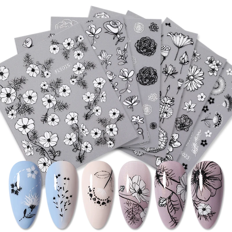 3D наклейки для ногтей с градиентной розой черно белые цветочные узоры на лето