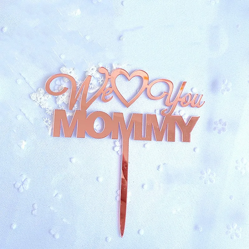 Топпер для торта акриловый розовое золото с надписью I love mom флажки на день матери
