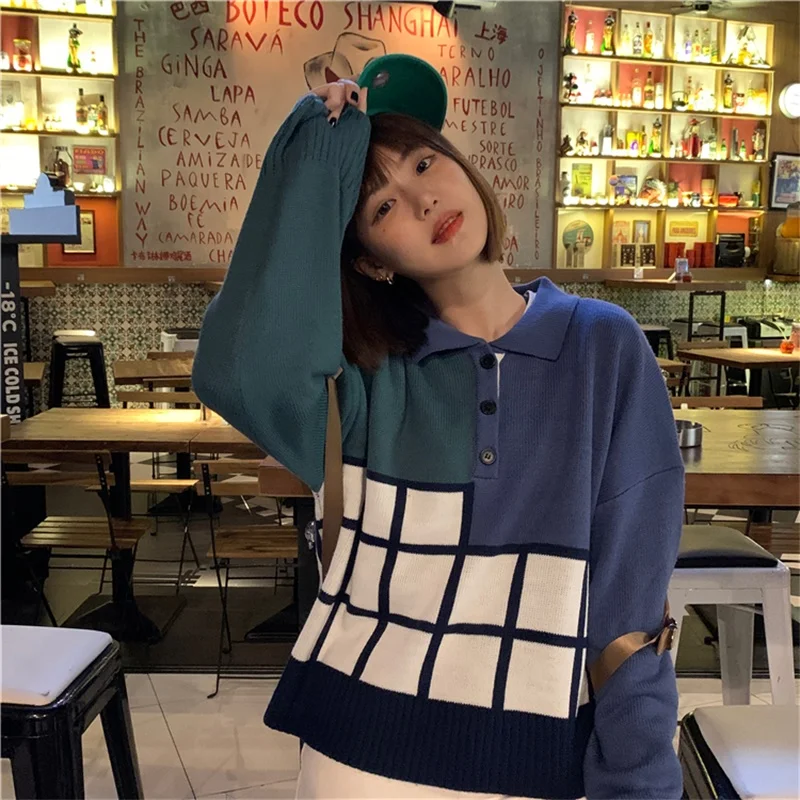 

2020 Autumn Female Sweater Vigor Girl Japanese Vintage Sense Lazy Color Matching Polo Collar Playful Loose Long-Sleeved Sweater