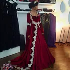 Sevintage вельветовые мусульманские Вечерние платья бордового цвета с длинными расклешенными рукавами Кружева Аппликации Саудовская Аравия Формальные женские вечерние платья