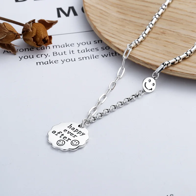 

S925 Sterling Silver Fashion Street Hip-hop Biscuit Modeling Smiling Face "happy ever after "Splicing Clavicle Chain Necklace