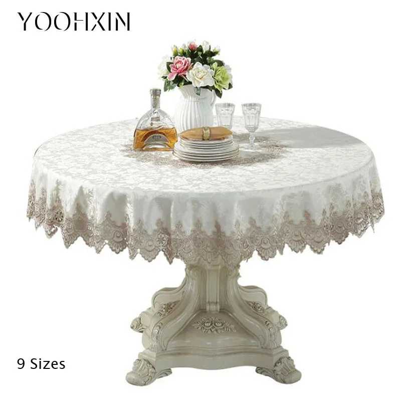 

Luxury Lace round satin 9sizes Embroidered table cover cloth towel kitchen Christmas tablecloth birthday wedding party decor