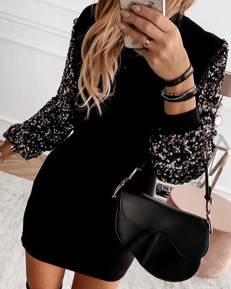 

Women Embellished Sleeve Spliced Mini Dress