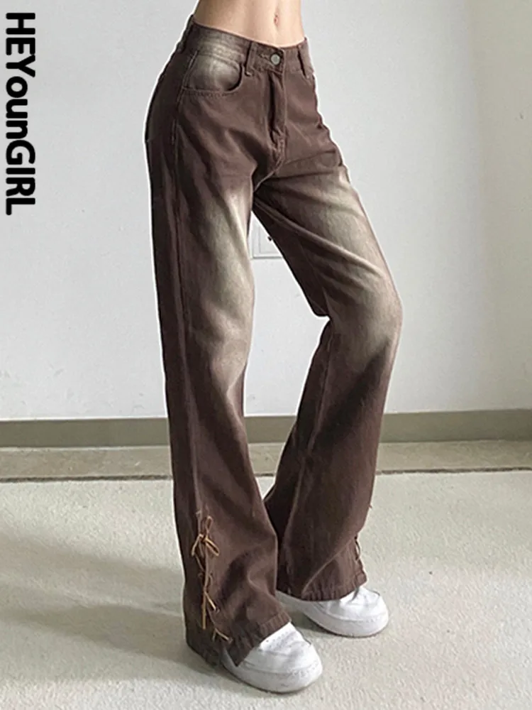 

HEYounGIRL Vintage Tie Dye Women Denim Trousers Hight Waist Casual Fashion Street Baggy Jeans Harajuku Retro Brown Long Pants
