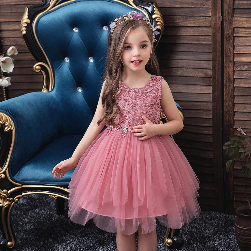

Summer Toddler Girls Lace Cake Dress Kids Sleeveless Floral Mesh Wedding Dresses Children Clothing For Baby Girls 3 to 8 Years