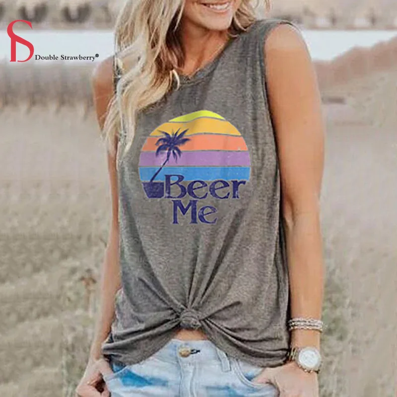 Женская хлопковая футболка без рукавов с буквенным принтом Double клубника