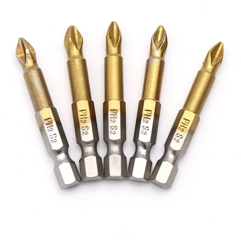 

5pcs/set Anti Slip Electric Screwdriver Bits 1/4" Hex Shank Titanium Coated Screwdriver Bits PH2 50mm