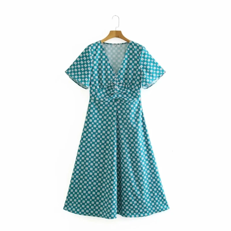 

Summer Women Geometric Printing V Neck Pleating Midi Dress Female Short Sleeve Clothes Casual Lady Loose Vestido D7858